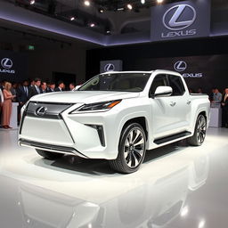 A futuristic 2025 Lexus GX pickup truck displayed at an elegant car presentation event