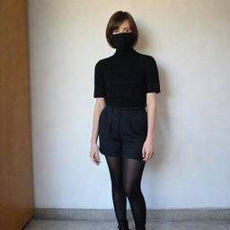 A girl with short hair, wearing a black mask, standing at 163cm tall with an average weight.