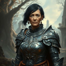 An older warrior woman clad in intricate metal armor that shines in the light