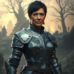 An older warrior woman clad in intricate metal armor that shines in the light