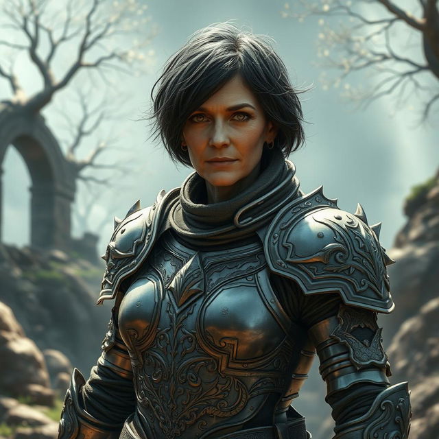 An older warrior woman clad in intricate metal armor that shines in the light