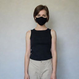 A girl with short hair, wearing a black mask, standing at 163cm tall with an average weight.