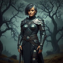 An older warrior woman with short black and grey hair, wearing intricate, shining metal armour