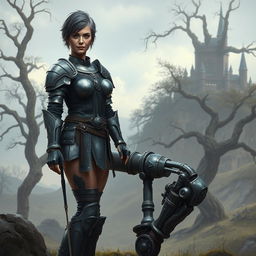 An older warrior woman with short black and grey hair, wearing intricate, shining metal armour