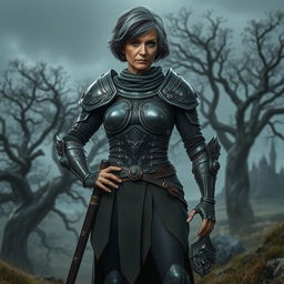 An older warrior woman with short black and grey hair, wearing intricate, shining metal armour