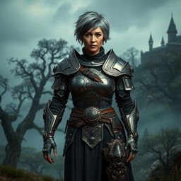 An older warrior woman with short black and grey hair, wearing intricate, shining metal armour