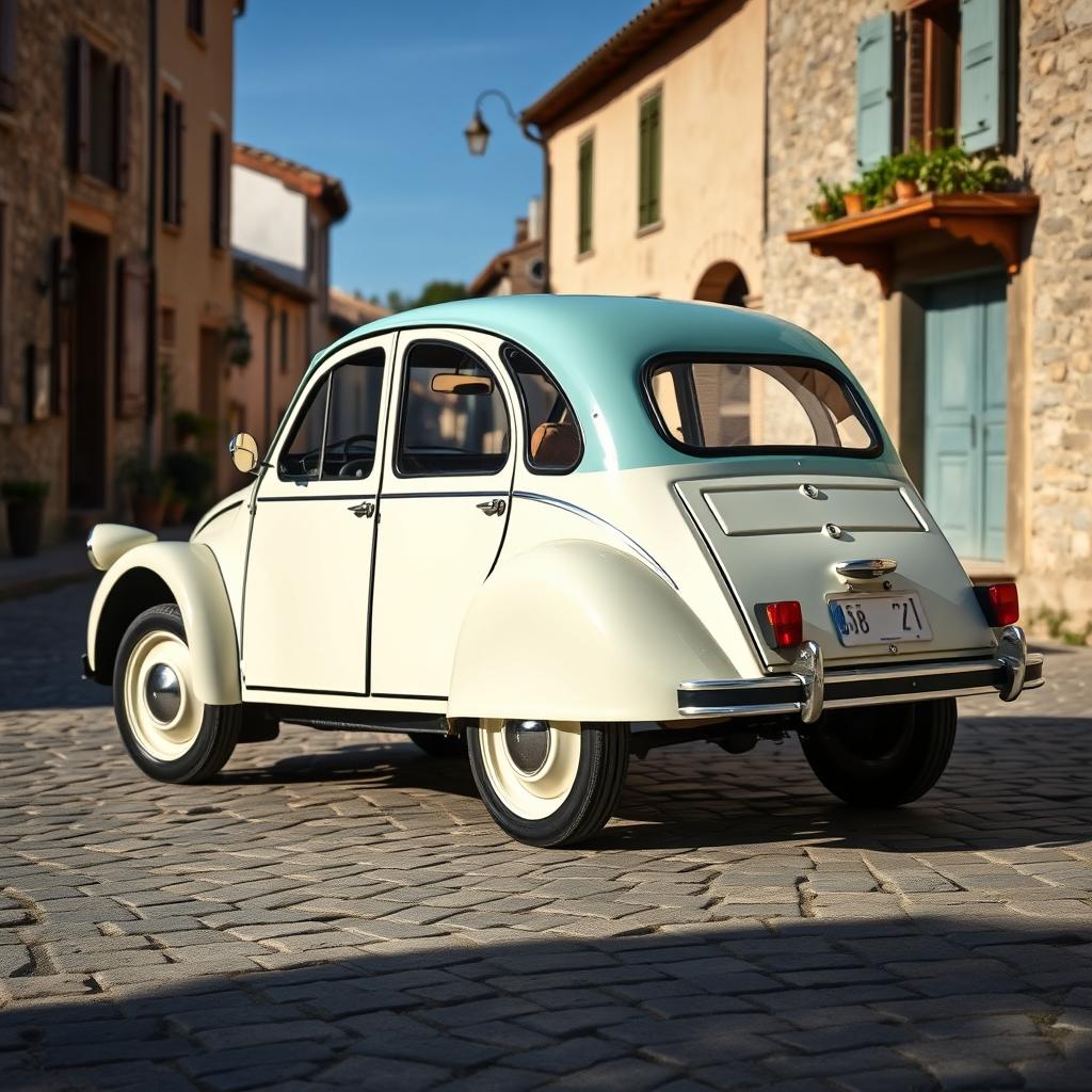 A classic Citroën 2CV with an elegant two-tone color scheme, featuring a soft white body and a pastel blue roof