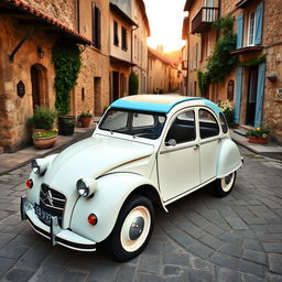 A classic Citroën 2CV with an elegant two-tone color scheme, featuring a soft white body and a pastel blue roof