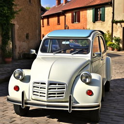 A classic Citroën 2CV with an elegant two-tone color scheme, featuring a soft white body and a pastel blue roof