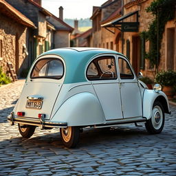 A classic Citroën 2CV with an elegant two-tone color scheme, featuring a soft white body and a pastel blue roof