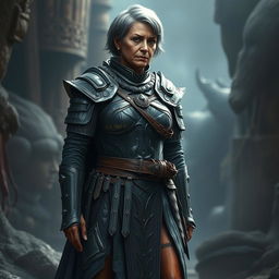 An older warrior woman dressed in intricate metal armor, her short black and grey hair hinting at her seasoned experience