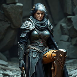 An older warrior woman dressed in intricate metal armor, her short black and grey hair hinting at her seasoned experience