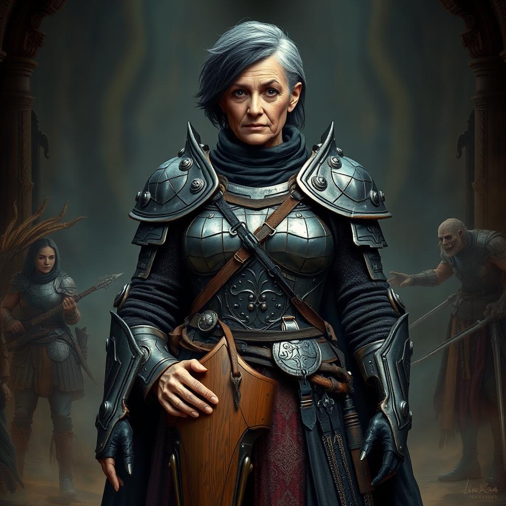 An older warrior woman dressed in intricate metal armor, her short black and grey hair hinting at her seasoned experience