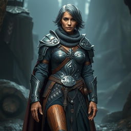 An older warrior woman dressed in intricate metal armor, her short black and grey hair hinting at her seasoned experience