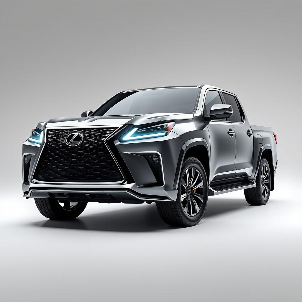 A hyper-realistic depiction of a 2025 Lexus GX pickup truck, set against a stark white or metallic grey background, designed to accentuate its vibrant, chrome accents