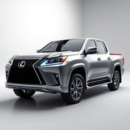 A hyper-realistic depiction of a 2025 Lexus GX pickup truck, set against a stark white or metallic grey background, designed to accentuate its vibrant, chrome accents