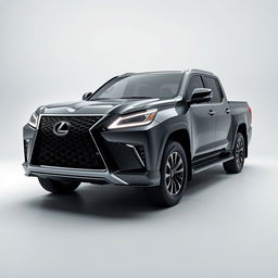 A hyper-realistic depiction of a 2025 Lexus GX pickup truck, set against a stark white or metallic grey background, designed to accentuate its vibrant, chrome accents