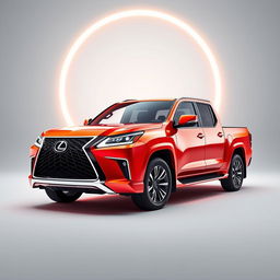 A hyper-realistic depiction of a 2025 Lexus GX pickup truck, set against a stark white or metallic grey background, designed to accentuate its vibrant, chrome accents