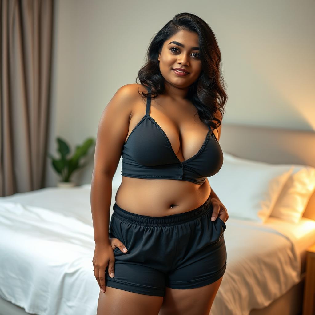 An Indian chubby lady wearing tight nightwear with snug shorts, her outfit elegantly showcasing her figure