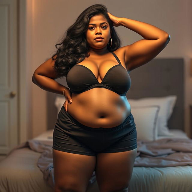 An Indian chubby lady wearing tight nightwear with snug shorts, her outfit elegantly showcasing her figure