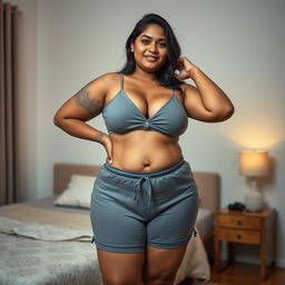 An Indian chubby lady wearing tight nightwear with snug shorts, her outfit elegantly showcasing her figure