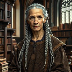 A wise older woman with grey braids, dressed in intricately detailed medieval robes