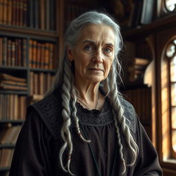 A wise older woman with grey braids, dressed in intricately detailed medieval robes