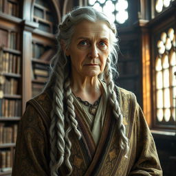 A wise older woman with grey braids, dressed in intricately detailed medieval robes