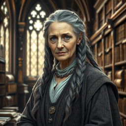 A wise older woman with grey braids, dressed in intricately detailed medieval robes