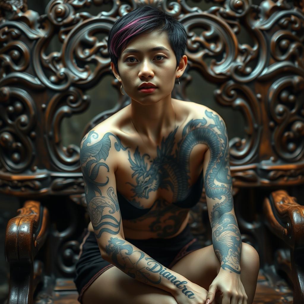 A 20-year-old Indonesian woman with short black-purple hair sits on an intricately carved wooden chair