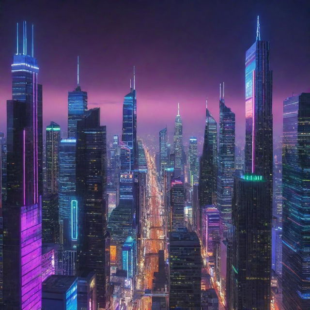 A glowing cityscape transforming into a futuristic cyberspace metropolis under a neon-streaked twilight sky.