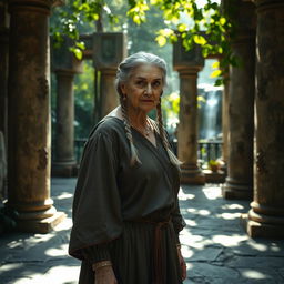 An older woman with short grey braids, wearing medieval robes that convey wisdom and kindness, stands in a mystical fantasy setting