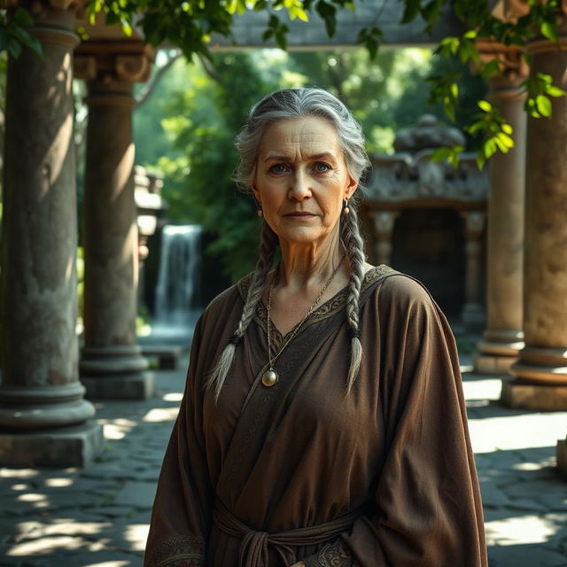 An older woman with short grey braids, wearing medieval robes that convey wisdom and kindness, stands in a mystical fantasy setting