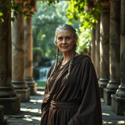 An older woman with short grey braids, wearing medieval robes that convey wisdom and kindness, stands in a mystical fantasy setting