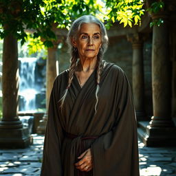 An older woman with short grey braids, wearing medieval robes that convey wisdom and kindness, stands in a mystical fantasy setting