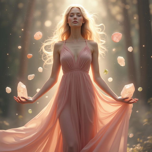 A serene and elegant goddess of balanced relationships, depicted wearing a flowing dusty pink dress