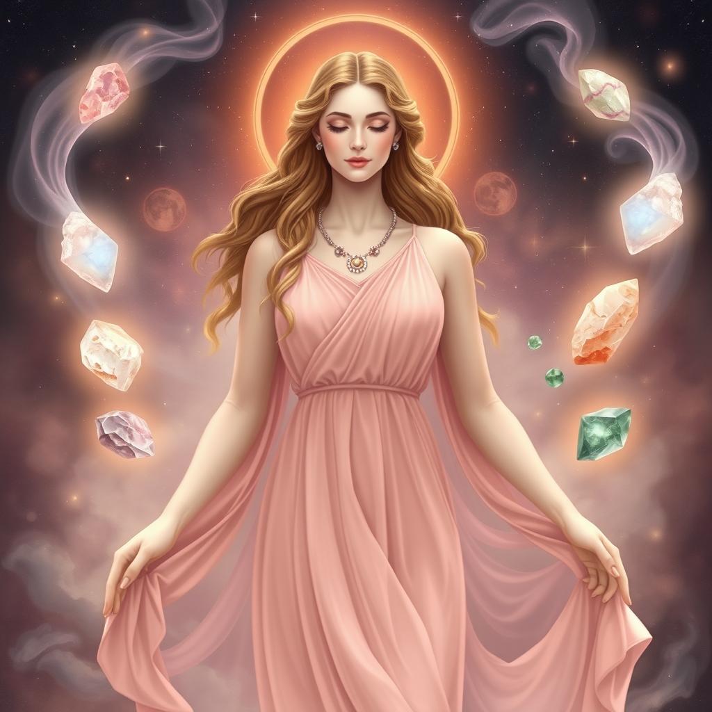 A serene and elegant goddess of balanced relationships, depicted wearing a flowing dusty pink dress