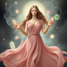 A serene and elegant goddess of balanced relationships, depicted wearing a flowing dusty pink dress