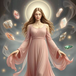 A serene and elegant goddess of balanced relationships, depicted wearing a flowing dusty pink dress