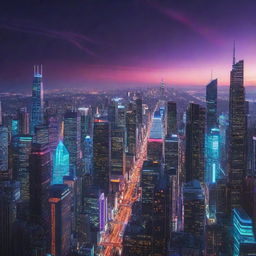 A glowing cityscape transforming into a futuristic cyberspace metropolis under a neon-streaked twilight sky.