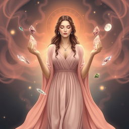 A serene and elegant goddess of balanced relationships, depicted wearing a flowing dusty pink dress