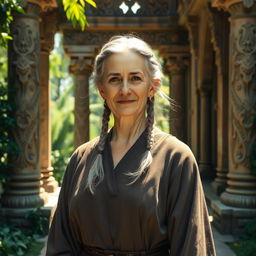 An older woman with short grey braids, dressed in medieval robes, stands in a beautiful outdoor temple