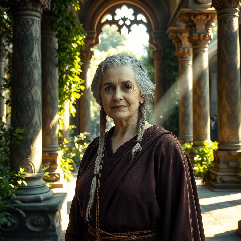 An older woman with short grey braids, dressed in medieval robes, stands in a beautiful outdoor temple