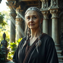 An older woman with short grey braids, dressed in medieval robes, stands in a beautiful outdoor temple