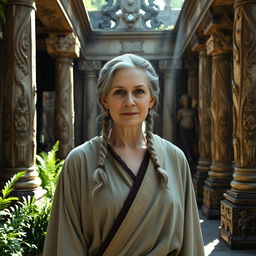 An older woman with short grey braids, dressed in medieval robes, stands in a beautiful outdoor temple