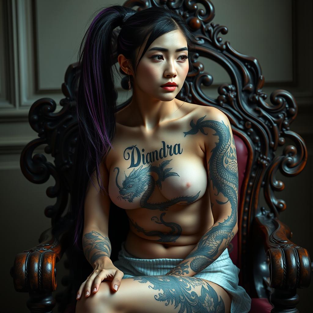 A 20-year-old Asian woman sitting on an ornate wooden chair