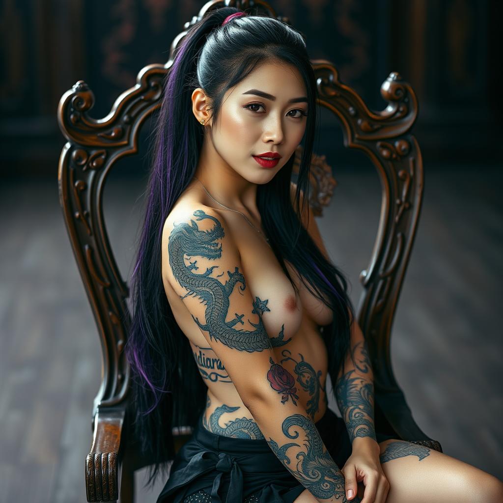 A 20-year-old Asian woman sitting on an ornate wooden chair