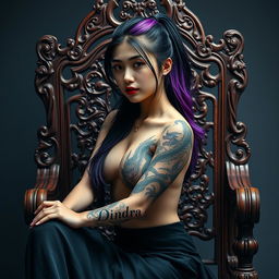 A 20-year-old Asian woman sitting on an ornate wooden chair