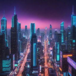 A glowing cityscape transforming into a futuristic cyberspace metropolis under a neon-streaked twilight sky.