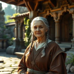 An older woman with short grey braids, dressed in medieval robes adorned with intricate embroidery, stands gracefully in an outdoor temple